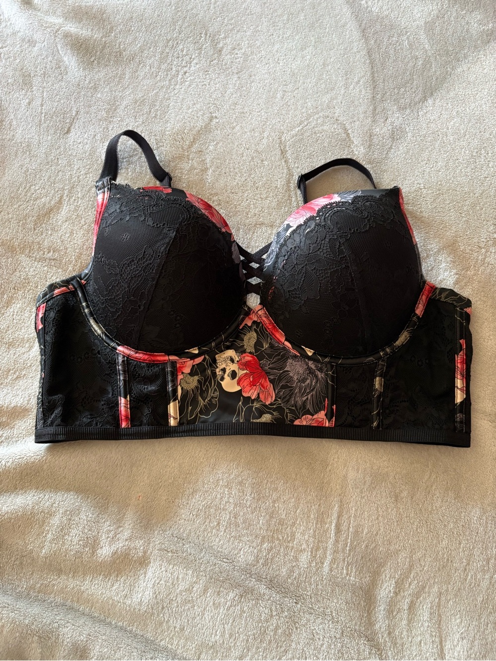 Black Lace Longline Bra with Red Floral Accents